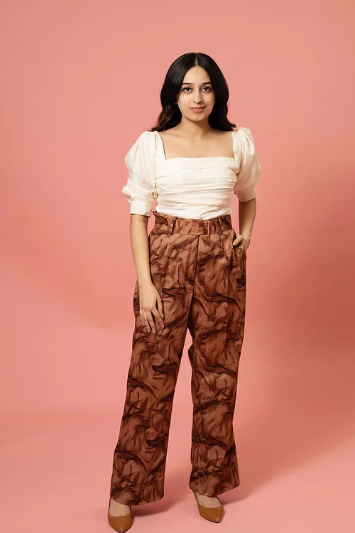 Classy Brown White Coord Set With Belt